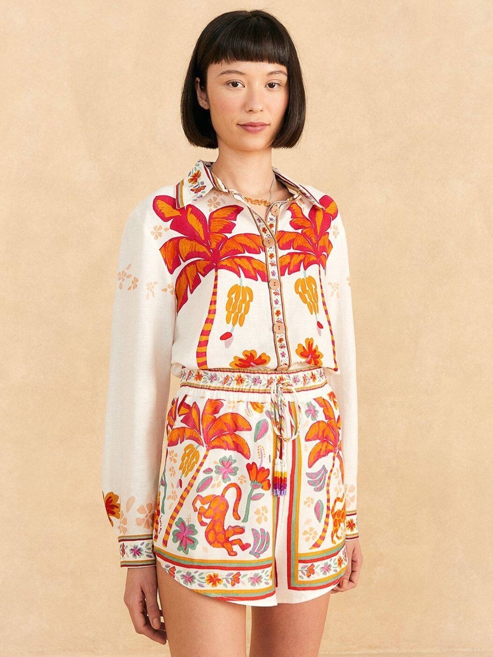 FARM Rio SET White Button-Down Shirt and Shortswith Pink & Orange Tropical Print